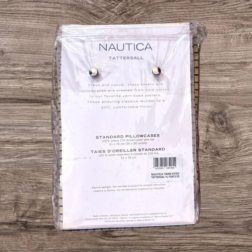 NEW Vintage NAUTICA Yard Died Tattersal Plaid Yellow Navy Blue Set 2 Pillowcases